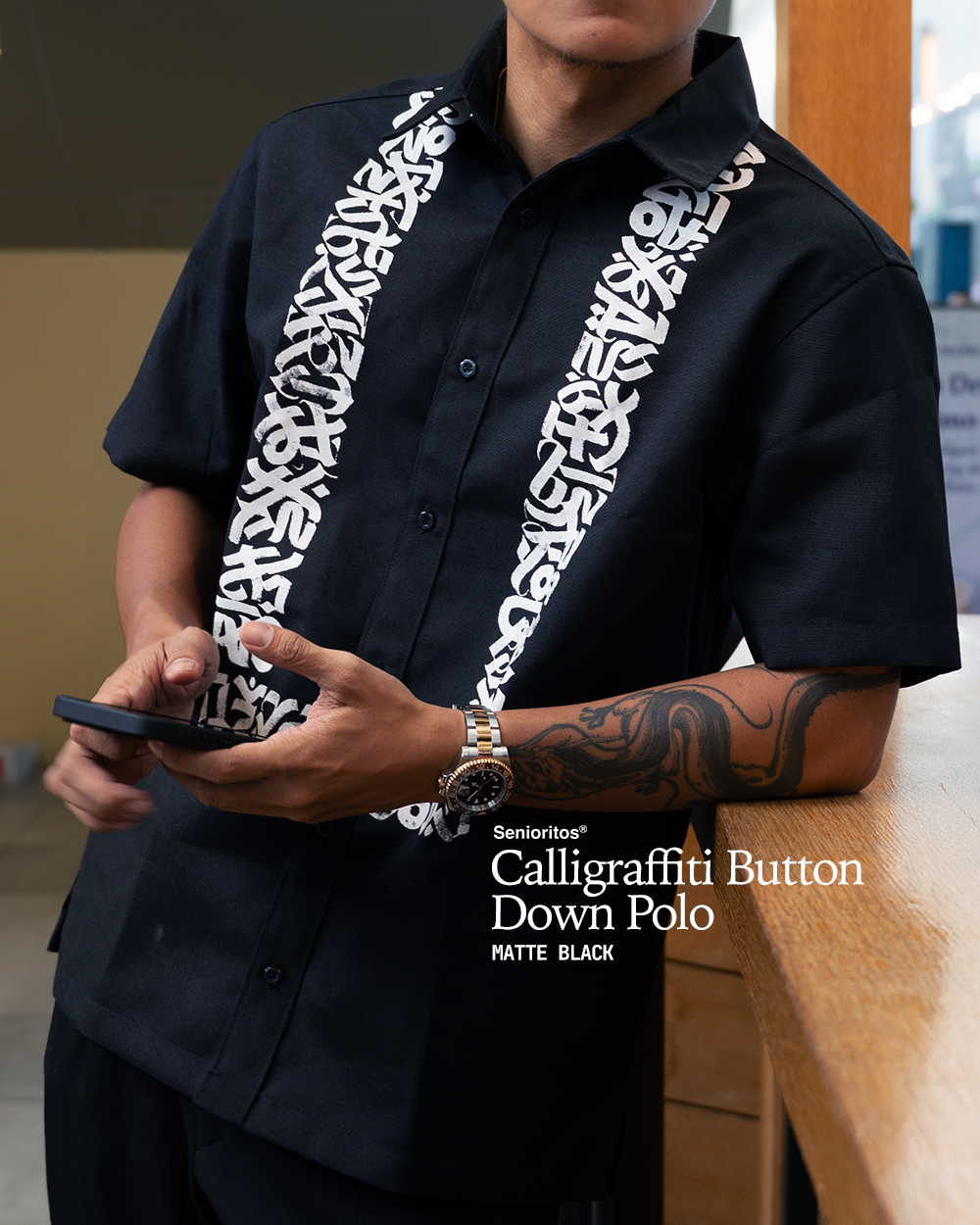 CALLIGRAFFITI BUTTON DOWN POLO 01 | MATTE BLACK