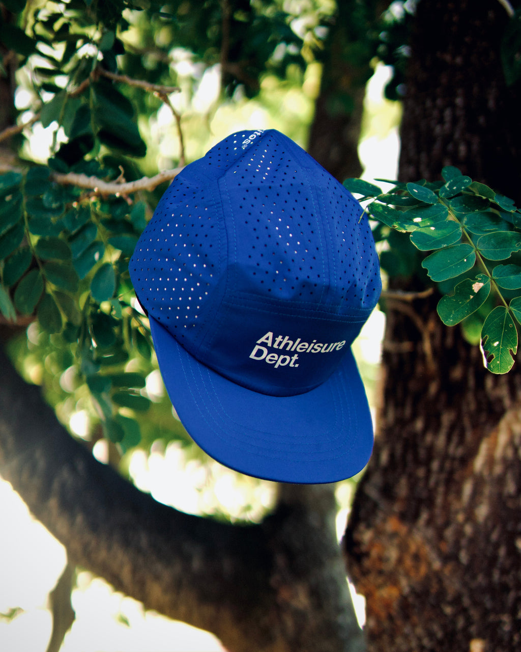 Blue cap with 'Athleisure Dept.' text hanging on a tree branch